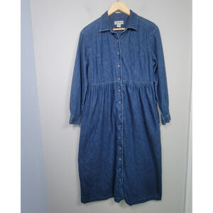 L.L. Bean Womens 12 Petite Denim Button Up Shirt Maxi Midi Dress Blue